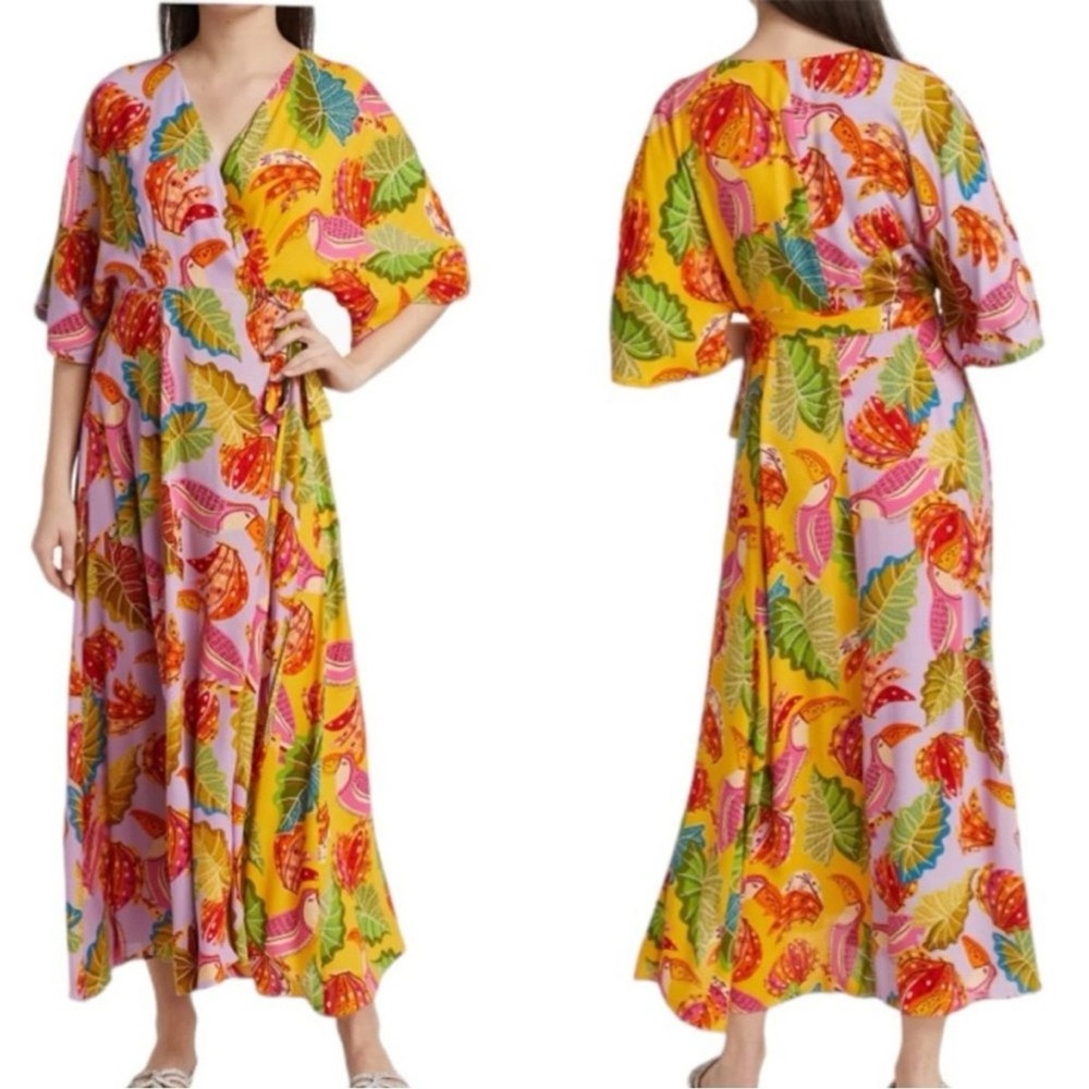 Farm Rio Size XS Mixed Beaks & Bananas Max Wrap Dress Vibrant Floral Designer
